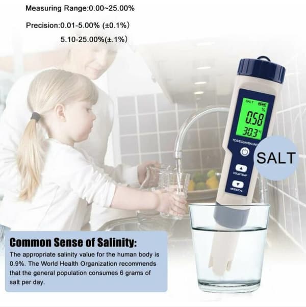 Elektronisk pH-tester, 5 i 1 pH-tester Termometer Lomme Vannkvalitet