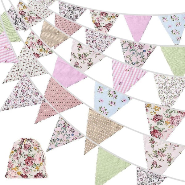 40ft Fabric Bunting, 42pcs Outdoor Bunting Banner,floral Vintage Cotton Triple-cornered Flag For Ga