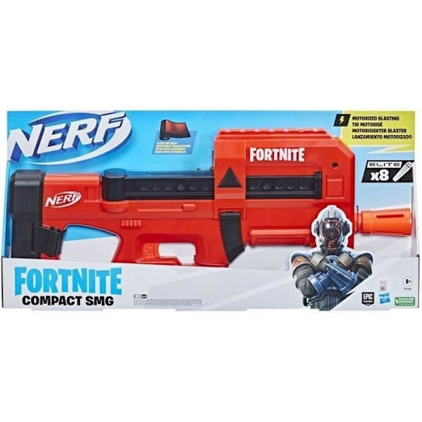 Nerf Fortnite Compact SMG, Motoriseret Dart Blaster, Ultra Red Coating, Internt 8-Dart Magazine, Indeholder 8 Dart röd och svart