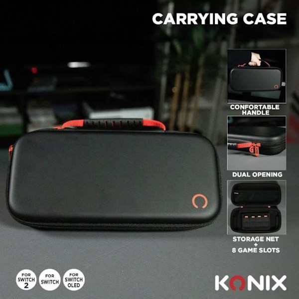 Skydds- och transportväska - KONIX - Nintendo Switch 2-konsol - Ficka för tillbehör - 8 fack för spel - Svart
