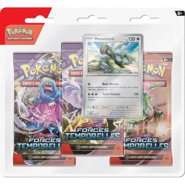 Pokémon Tripack Box 3 Boosters EV05 Scarlet and Violet - Temporal Forces: Melo or Motorizard - slumpmässig modell Scarlet och Violet