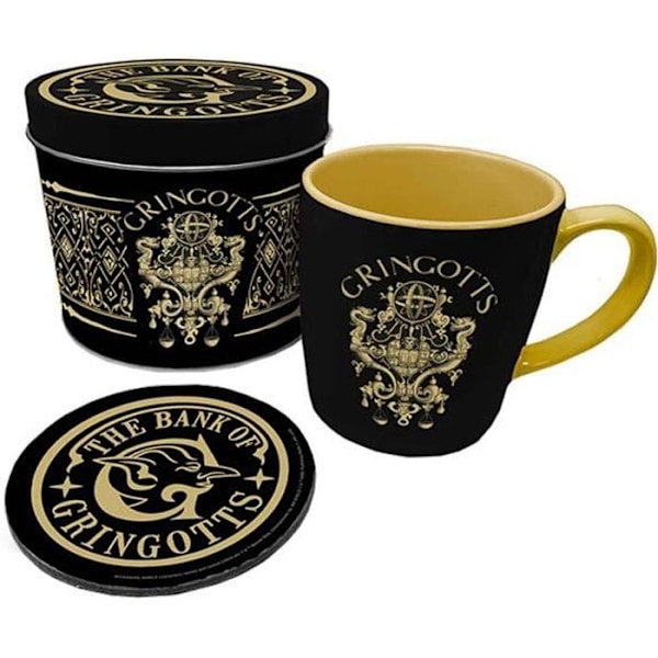 Kahvimuki ja aluslautanen - Harry Potter - Gringotts-logo - Musta - Sylinterimäinen - Aikuisille