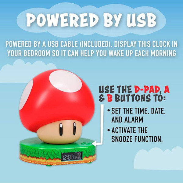 Super Mushroom digitaalinen herätyskello - PALADONE - Super Mario -lisenssi - Viralliset äänet - 2 AAA-paristoa vit röd