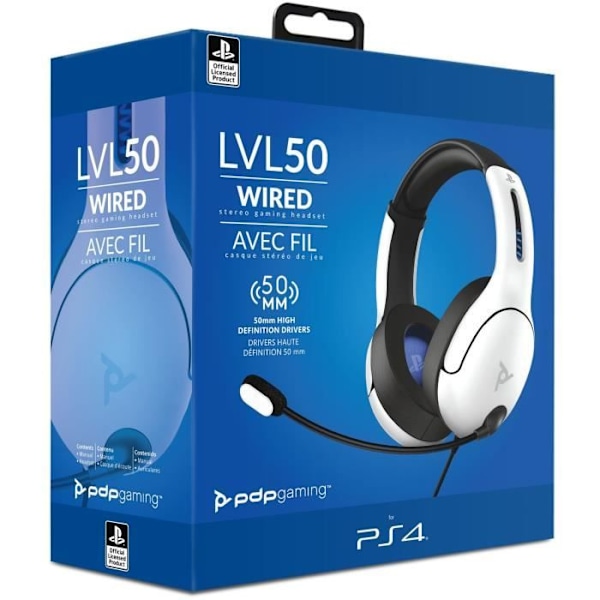 PDP LVL50 PS4 White Headset - Lätt design och bekvämt pannband - Brusreducerande mikrofon