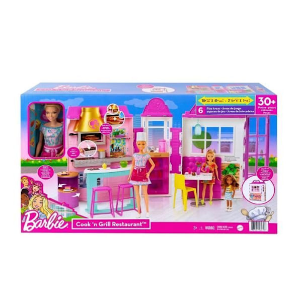 Barbie - Barbie-ravintolalaatikko, jossa 1 nukke, + 30 asustetta, 6 leikkialuetta - Muotinukketarvikkeet - Alkaen 3 vuotta Färgad