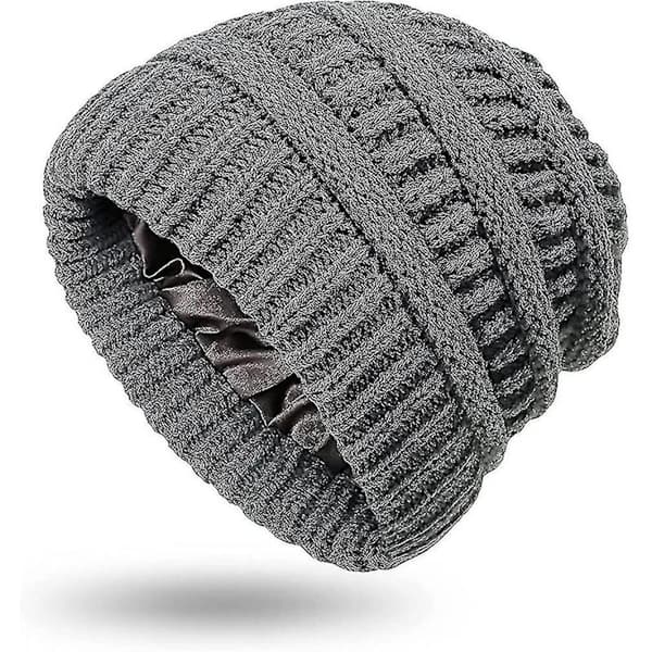 Dame Vinter Varm Strikket Lue Satin Silkefôret Kabelstrikket Beanie Chunky Slouchy