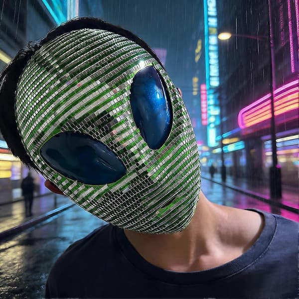 Halloween Alien-maske, glitrende diskotek-maske, glittermaske for voksne, tilbehør til Halloween-kostymefester
