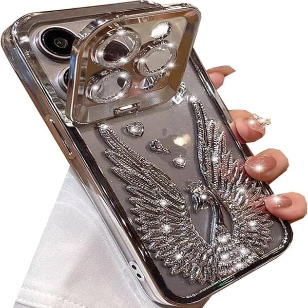 Etui til iPhone 15 Pro Max, Søde 3D Diamant Rhinestone Vinger med Bling Glitrende Kamerastativ Blød TPU Støtfanger Beskyttelse