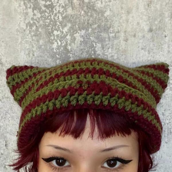 Unisex Vintermössa Liten Djävul Randig Stickad Mössa Kattöron Damhattar Green
