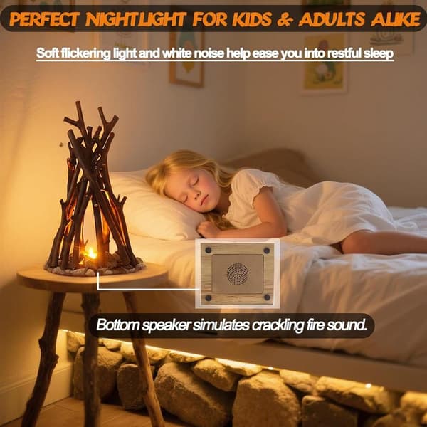 The wood-fired campfire-shaped night light has three lighting modes and a flame sound effect, making it suitable for bedrooms, offices, etc. Small Small