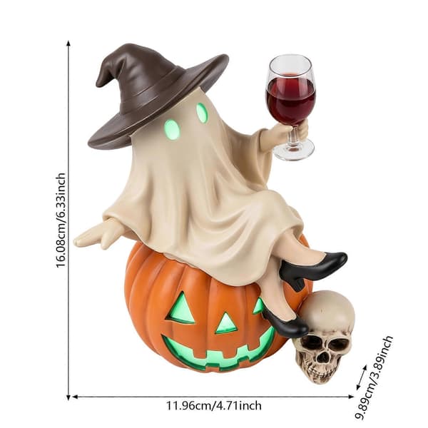 Halloween-figur med vinglass i harpiks, heksehatt, sittende Halloween-dekorasjon