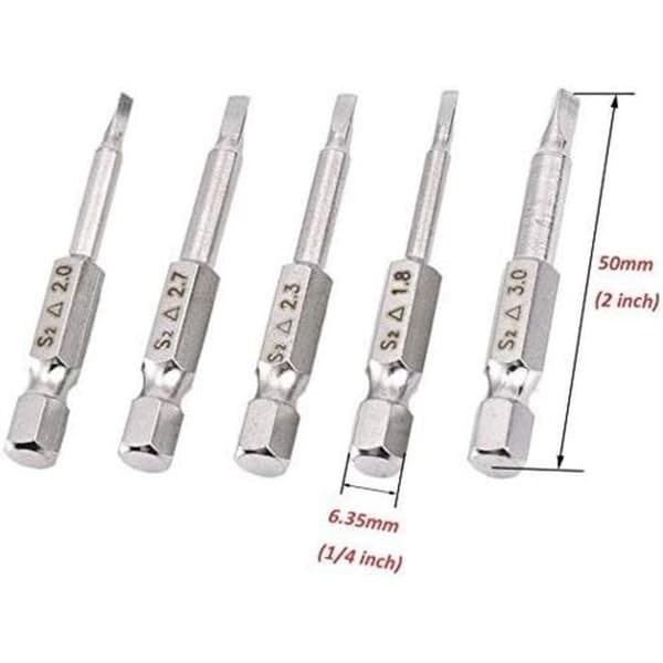 5 Pcs Magnetic Triangular Screwdriver Bits S2 Steel 1.8mm, 2mm, 2.3mm, 2.7mm, 3mm, 6.35mm Hex Shank, 50mm Length