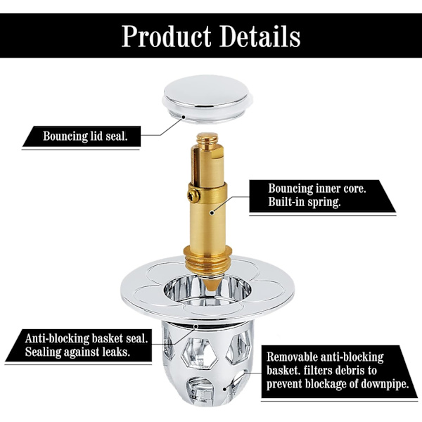 2 stk. universell vaskepropp (sølv), pop-up vaskepropp, ZQKLA