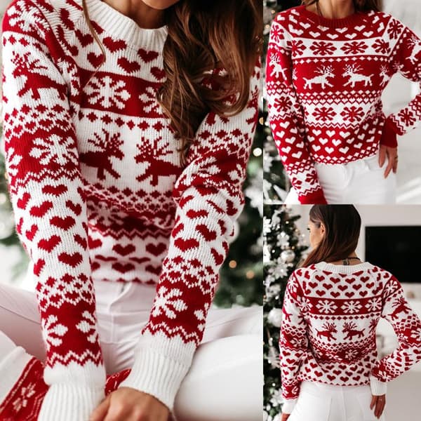 Dame Efterår Vinter Jul Sweater Dame Strikket Trøje hvid small whi whi white double extra large