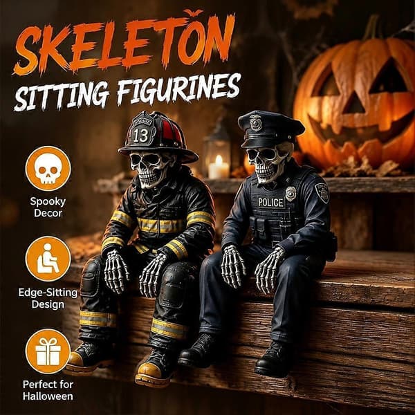 Halloween Brannkonstabel-skjelettfigur i harpiks med detaljert uniform 2pcs C