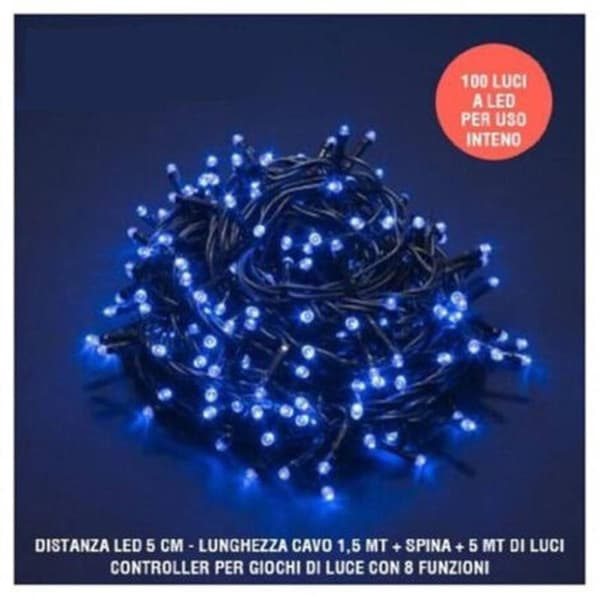 LED-ljusslinga Natalia 100 blåa eldflugor med 8-funktions intern kontroll