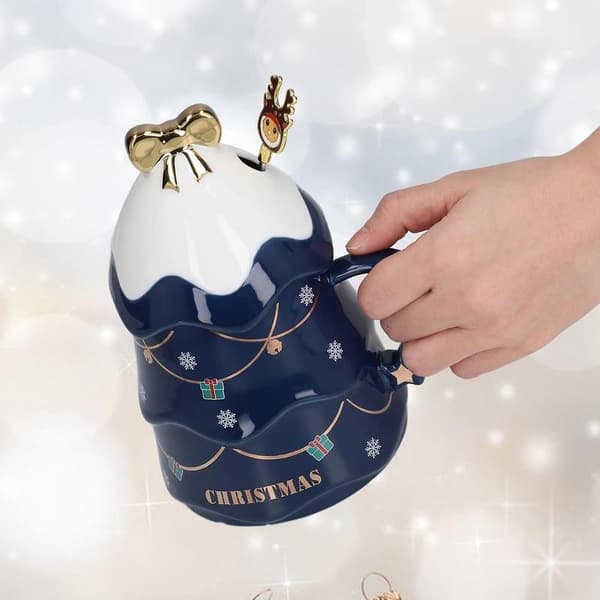 Jul Keramikmugg med Lock 500ml Stor Kapacitet Julmugg Keramisk Temugg Mjölkmugg Kaffemugg Blue stirring spoon with lid