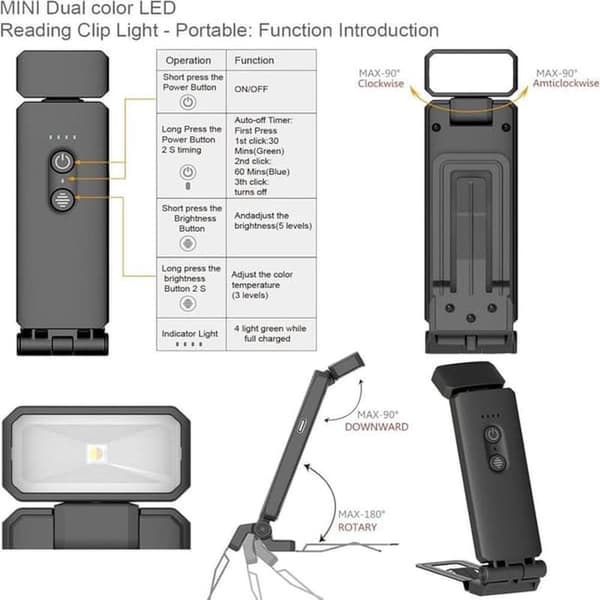 Portable USB Rechargeable LED Book Light with Clip for Bed Reading, Adjustable Brightness, Dimmable Bookmark Lamp Black black