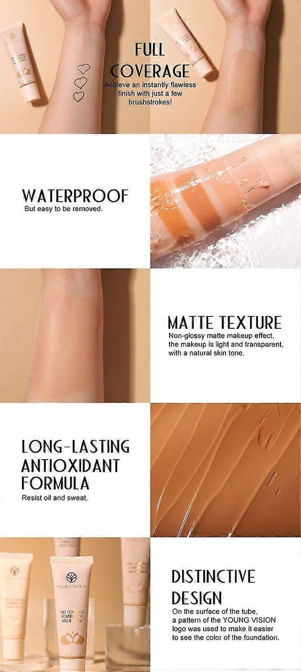 Young Vision Full Coverage Flydende Foundation, Mat Finish, 6 Nuancer, Vandtæt, Til Alle Hudtoner, 30ml C4 C4