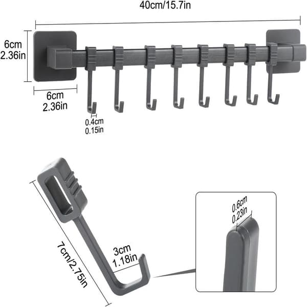 Kitchen Hook without Drilling, Self-Adhesive, Black, Mobile Kitchen Utensils, Kitchen Tools, Knife Holder, 8 Hooks