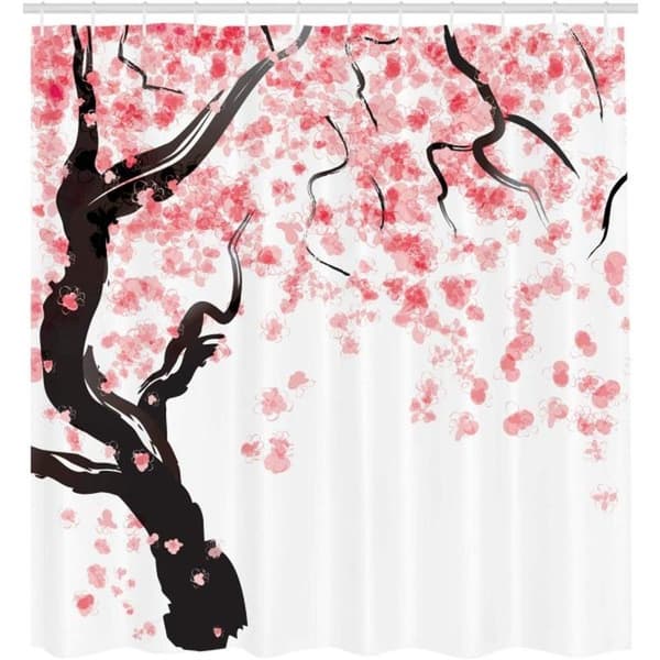 Blomstret badeforhæng, 180 cm x 200 cm, Rosa Sort, Kirsebærblomst-FA-