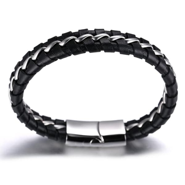 Børne Drenge Ægte Læder Armbånd Sort. Titan Sølv Kæde
