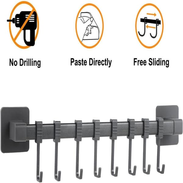 Kitchen Hook without Drilling, Self-Adhesive, Black, Mobile Kitchen Utensils, Kitchen Tools, Knife Holder, 8 Hooks