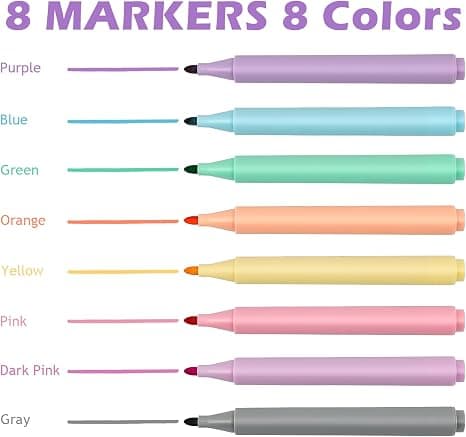 8 stk. Pastel Dry Erase Markers, Fin Spids, Assorterede Farver