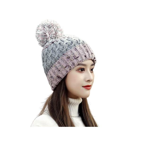 Dam vintermössa, Pom Beanie, Vintermössa, Dam lös mössa, Varm stickad stretchmössa, Ljusgrå