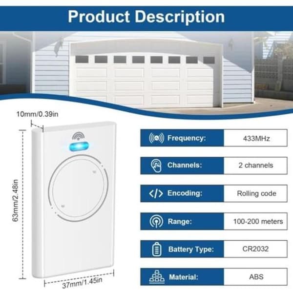 2-pack garage door remote controls 433.92 MHz - Compatible with XT2 433 SLH LR - 2 channels - White