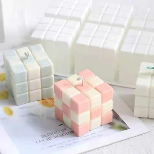 Silikon Lysform Stearinlys DIY 6 stk Kuber Rubiks hvit