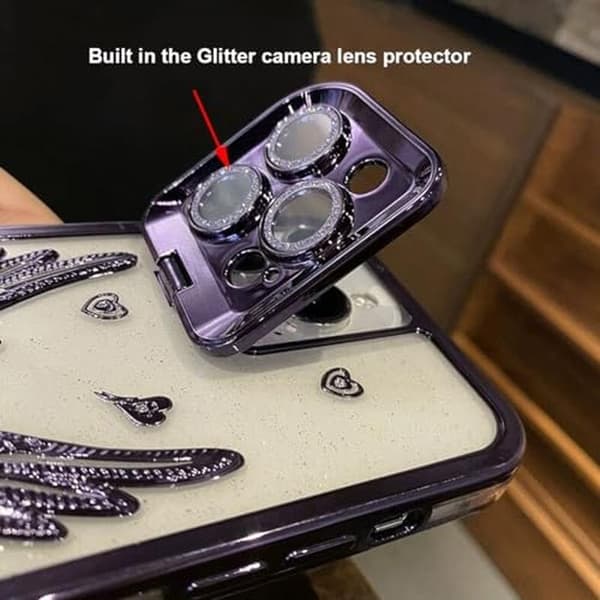 Etui til iPhone 15 Pro Max, Søde 3D Diamant Rhinestone Vinger med Bling Glitrende Kamerastativ Blød TPU Støtfanger Beskyttelse