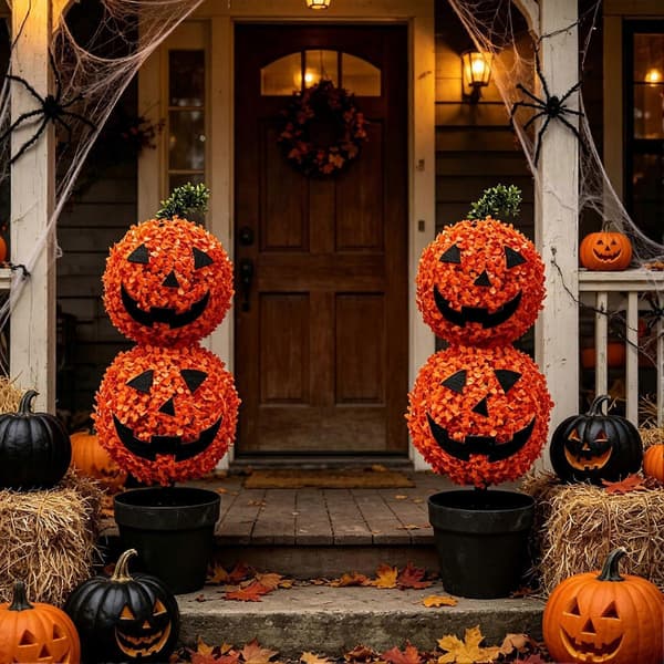 Høstgresskar-topiary – Halloween-kunstig buksbomtre – for inngangsdør 1pc A