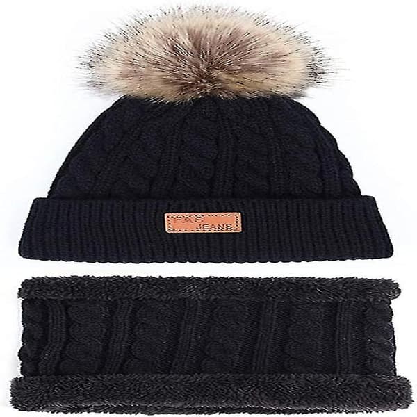 Varmt babylue- og skjerfsett med pelsdusk Black