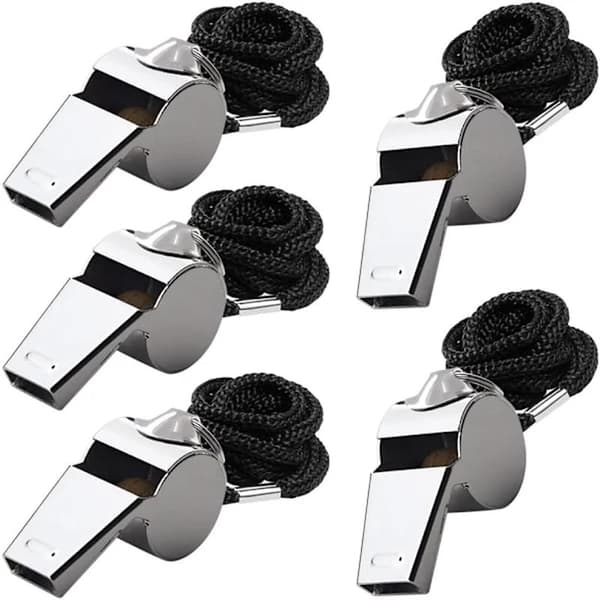 5-pack rostfria visselpipor med snodd