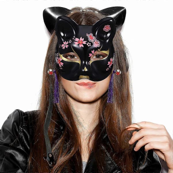 2 stk. sorte Kitsune dyre-halvmasker til kvindelige cosplayers, Halloween-kostume