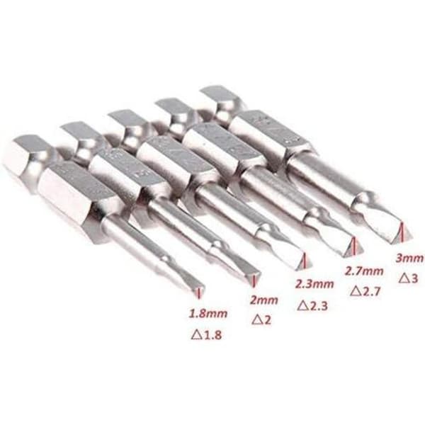 5 Pcs Magnetic Triangular Screwdriver Bits S2 Steel 1.8mm, 2mm, 2.3mm, 2.7mm, 3mm, 6.35mm Hex Shank, 50mm Length