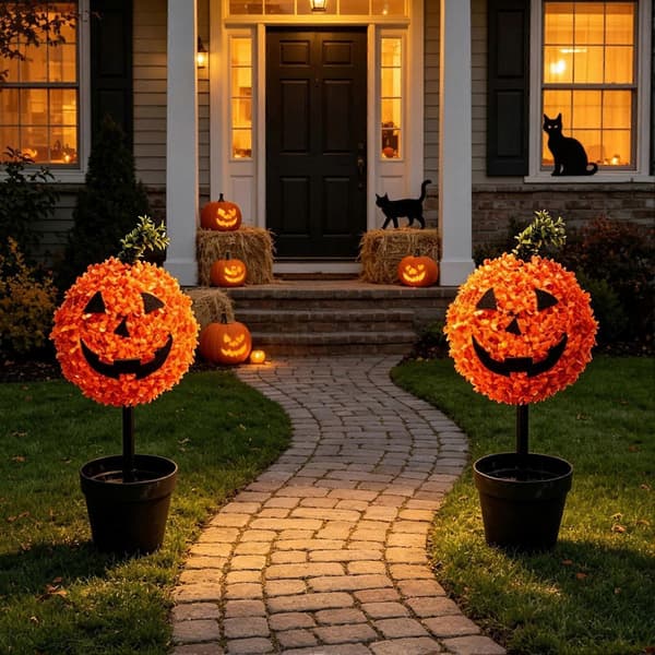 Høstgresskar-topiary – Halloween-kunstig buksbomtre – for inngangsdør 1pc A