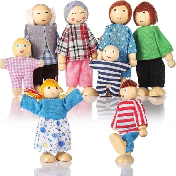 Trädockhusfigurer 8-pack, dockfamiljset för flickor, småbarn, dockhustillbehör, leksaker