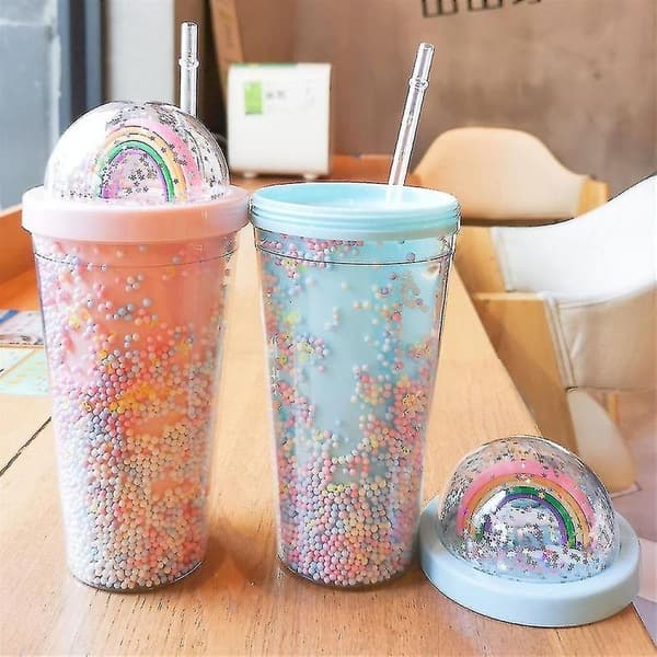 550 ml Regnbåge Plastvattenflaska Dubbla Lager Paljetter Drickskopp Med Sugrör Kvinnor Flickor Gåva Pink