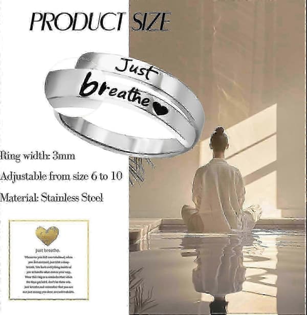 Just Breathe Ring til kvinder Justerbar hjertering Rustfrit stål Spiral Wrap Healing Ringe Inspirerende Hjerte Gave Smykker Sølv Silver