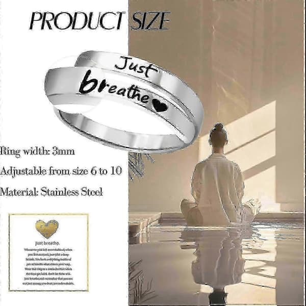 Just Breathe Ring til kvinder - Justerbar hjertering, spiralformede helende ringe i rustfrit stål, inspirerende gave (EPA08) One Size Sølv One Size Silver