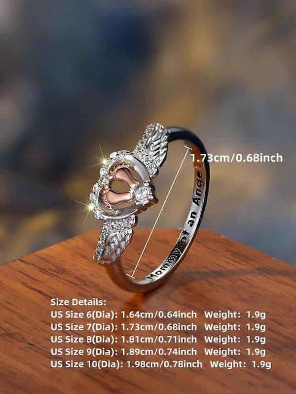 925 Sterling Sølv Engerving Ring med Hjerte- og Fotavtrykkdesign for Kvinner 9 Sølv 9 Silver