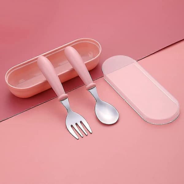 Sæt med gaffel og ske. Babybestiksæt i rustfrit stål, pink
