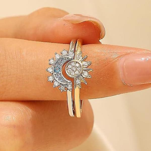 Par Himmelsk Sol og Måne Ring Sett, Matchende Sol og Måne Ringer, Glitrende Sol Måne Åpen Ring, Smykkegave for Valentinsdag Størrelse Size 7
