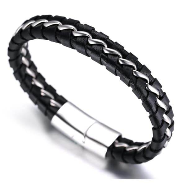 Børne Drenge Ægte Læder Armbånd Sort. Titan Sølv Kæde