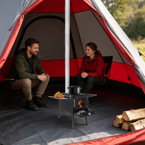 Bärbar vedeldad tältkamin med skorsten utomhus för camping