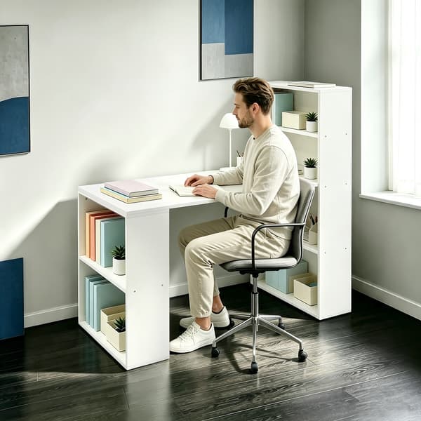 Modernt studiebord med bok- och sidohyllor fristående för hemmet