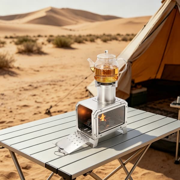 Bärbar vedeldad campingkamin med glasfönster utomhus