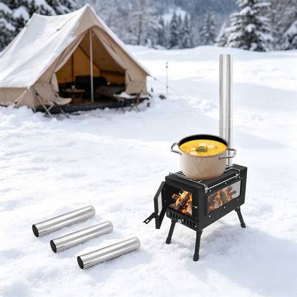 Bärbar vedeldad tältkamin med skorsten utomhus för camping